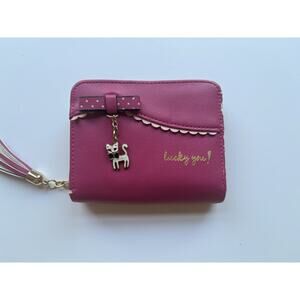 Pink Zip-Around Wristlet Wallet w/ Cat Charm Bow Tassel Strap, ID Window
